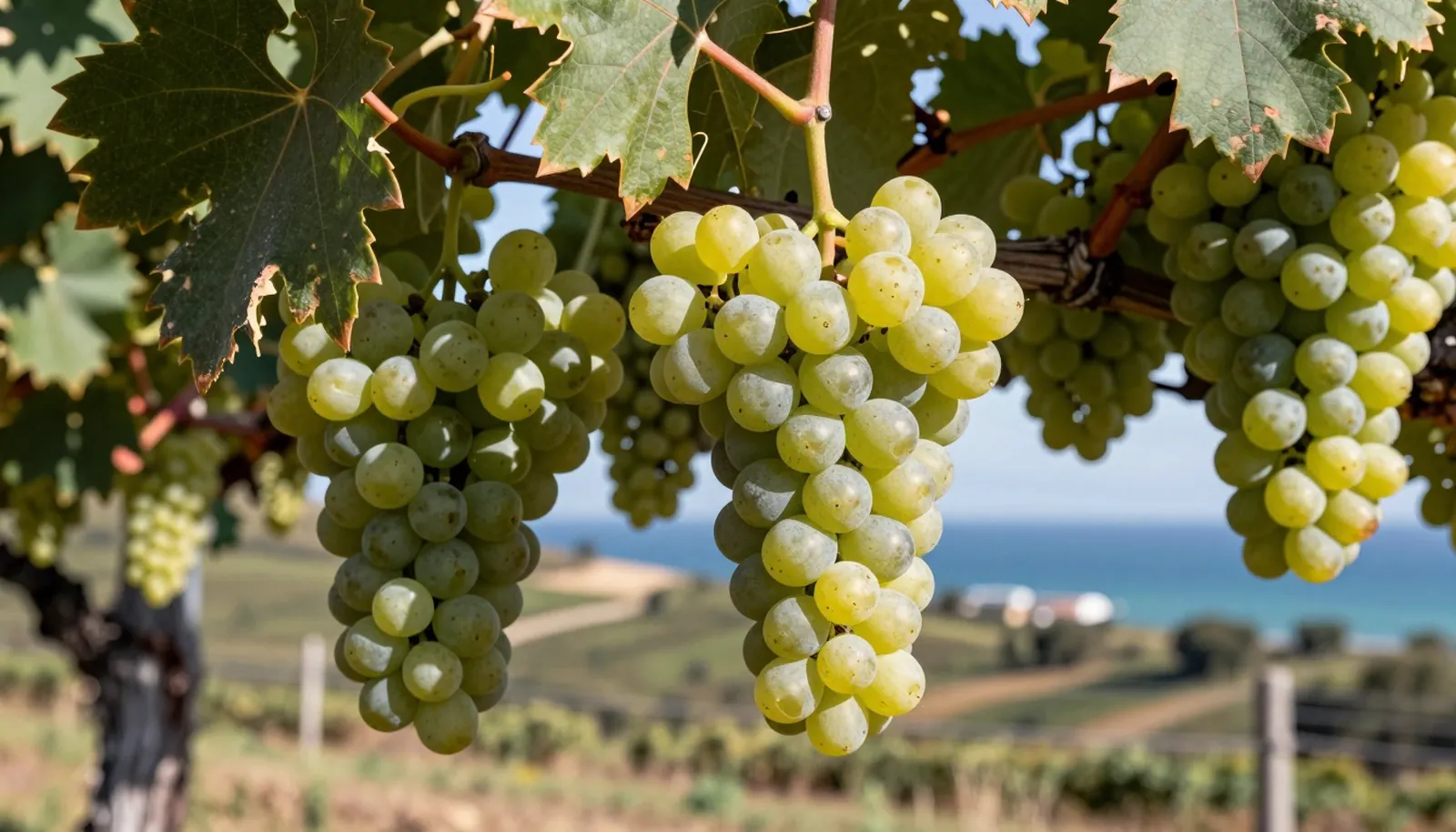 Chùm nho Sauvignon Blanc xanh trên giàn với đồi ven biển phía sau