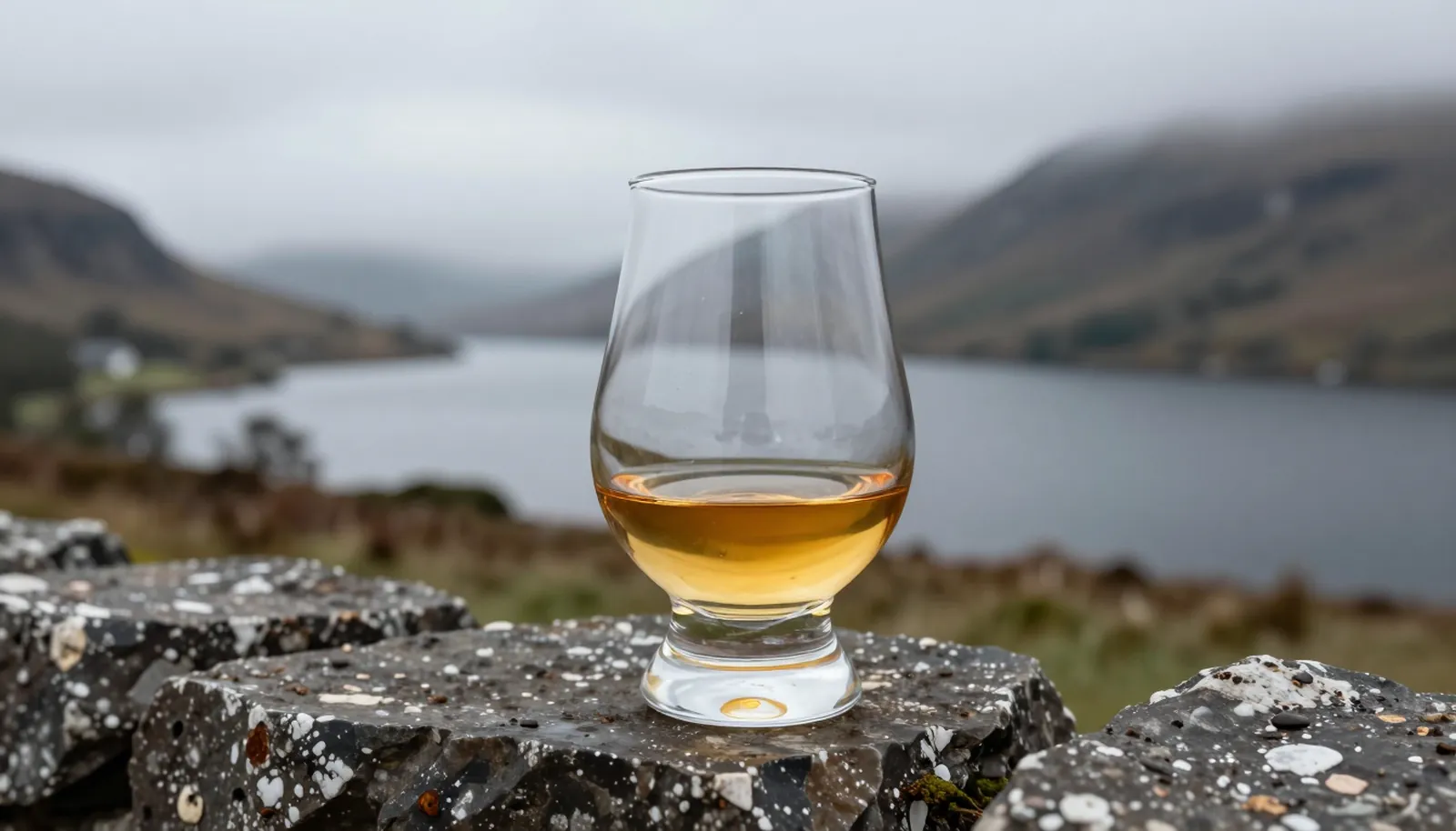 Ly Scotch whisky trên bờ đá nhìn ra hồ và núi Scotland