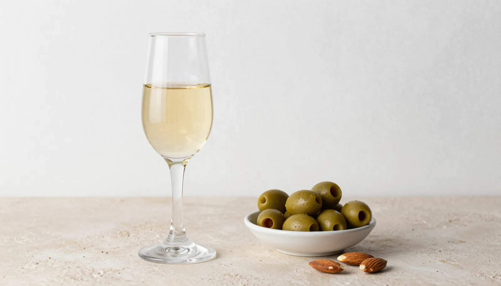 Ly sherry fino màu vàng nhạt bên ô liu và hạnh nhân