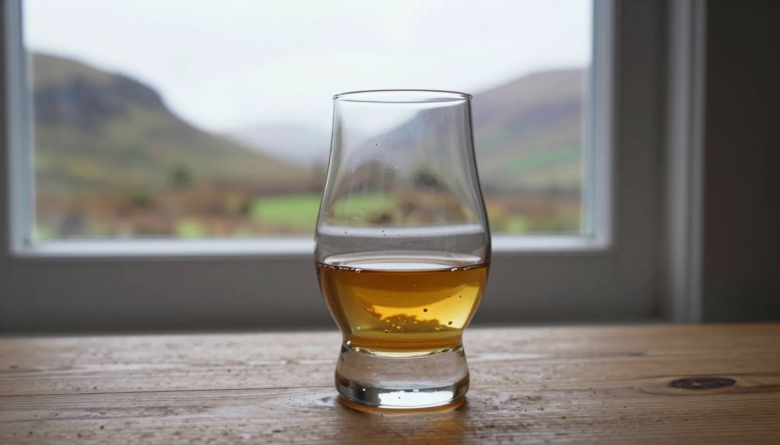 Ly single malt vàng óng bên cửa sổ nhìn ra đồi Scotland