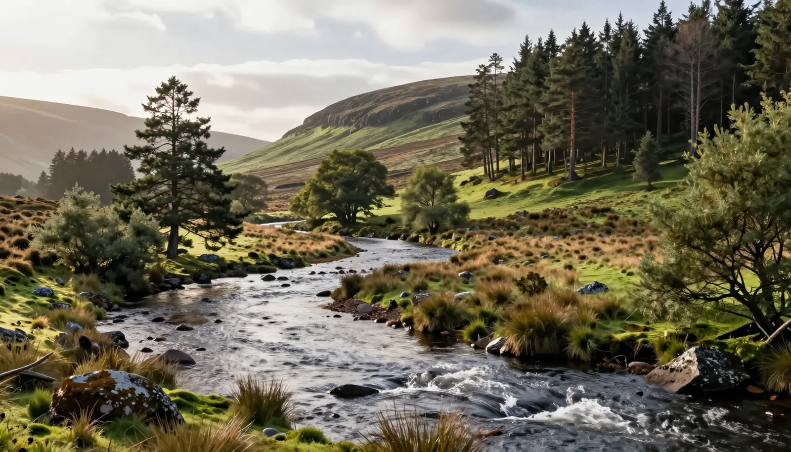 Sông Spey uốn quanh thung lũng xanh và rừng thông Scotland