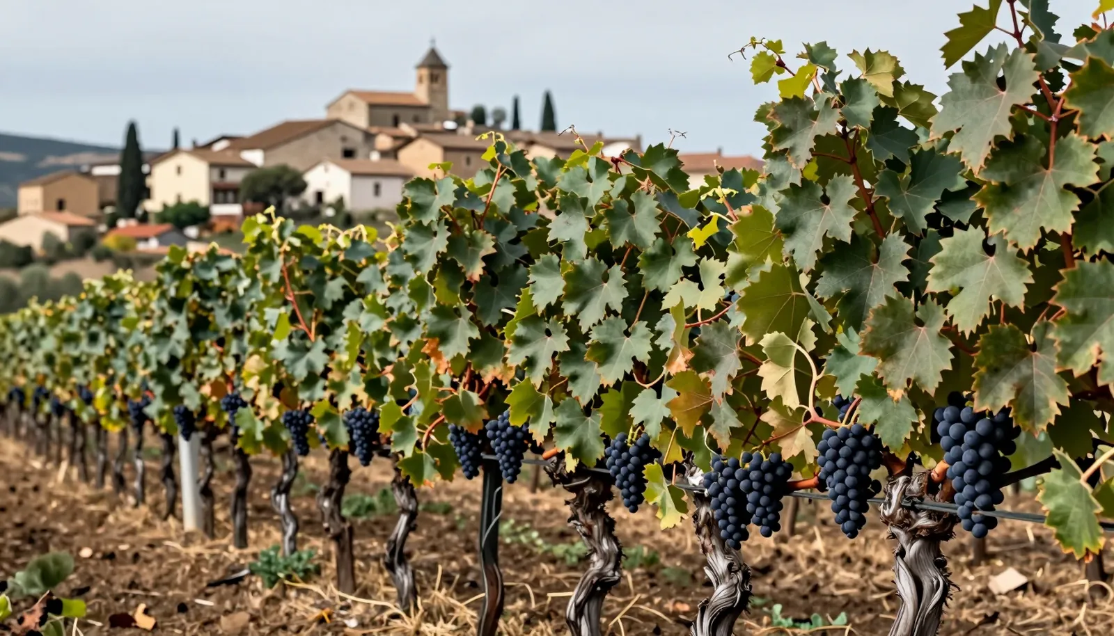 Chùm nho Tempranillo trên gốc nho già, phía sau là ngôi làng trên đồi