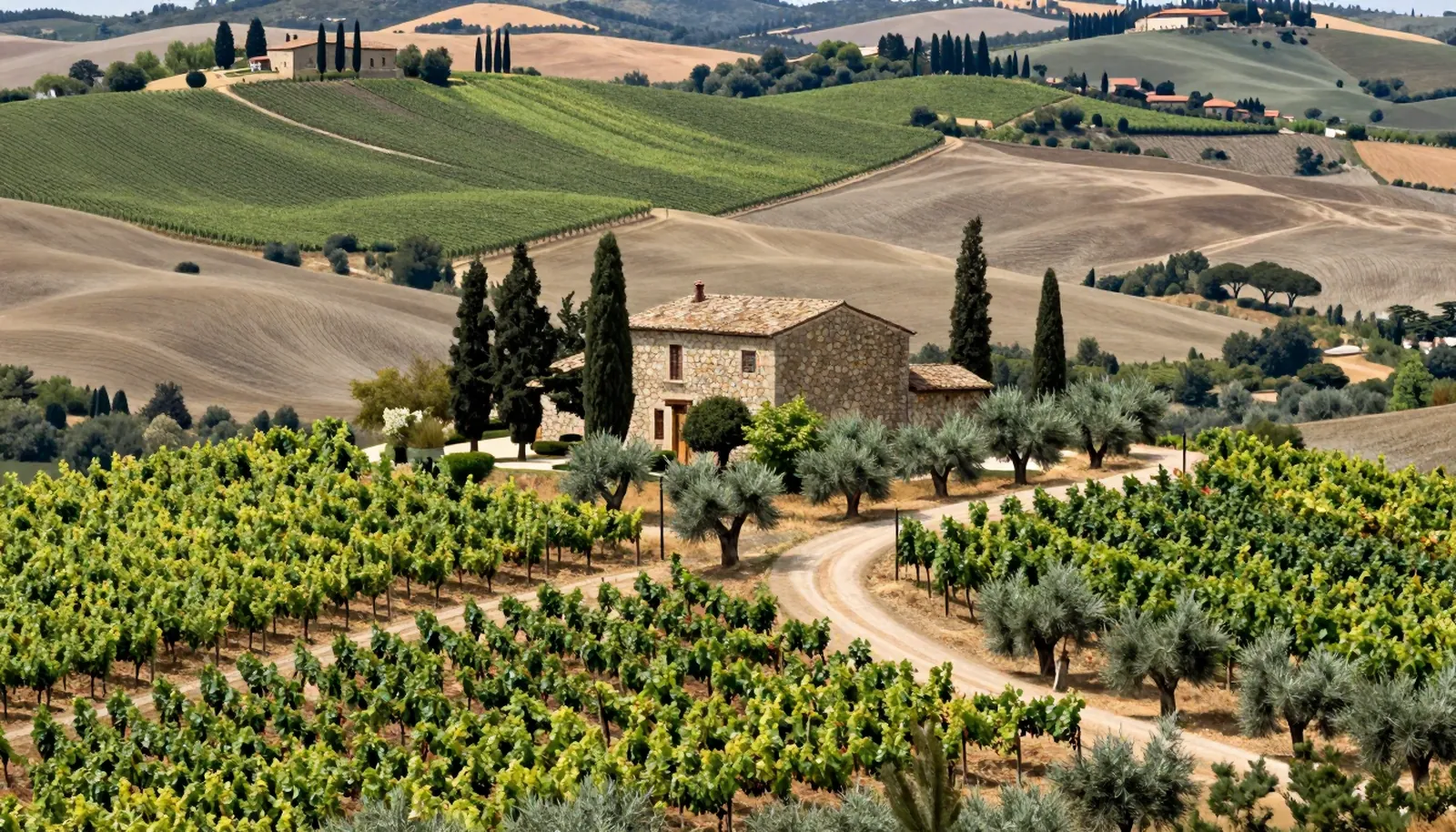 Đồi Toscana với hàng bách tùng, ô liu và vườn nho