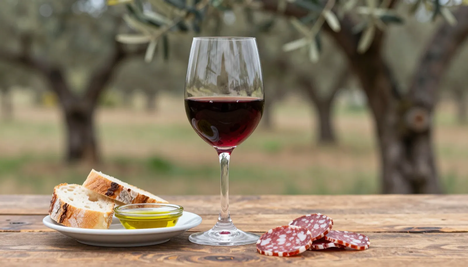 Ly vang đỏ bên bánh mì, dầu ô liu và salami dưới tán ô liu