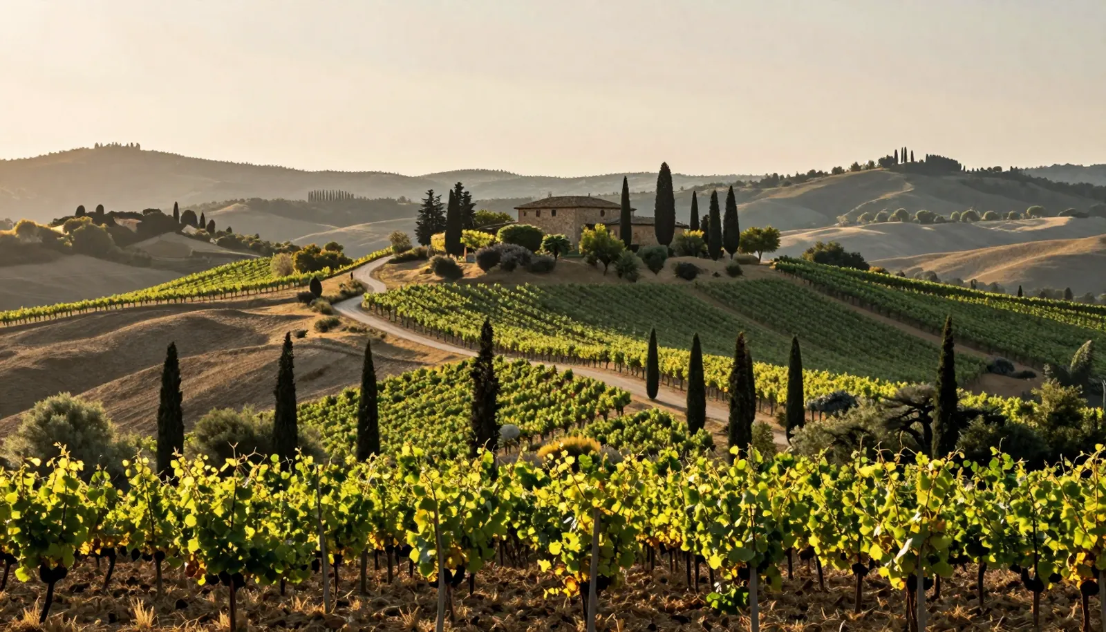 Đồi Tuscany với hàng cây bách, trang trại và vườn nho lúc hoàng hôn