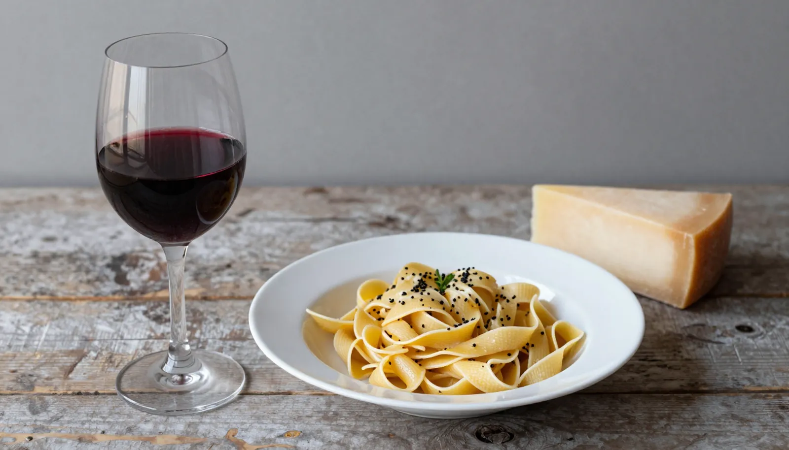 Ly vang đỏ bên đĩa mì Ý và miếng phô mai parmesan