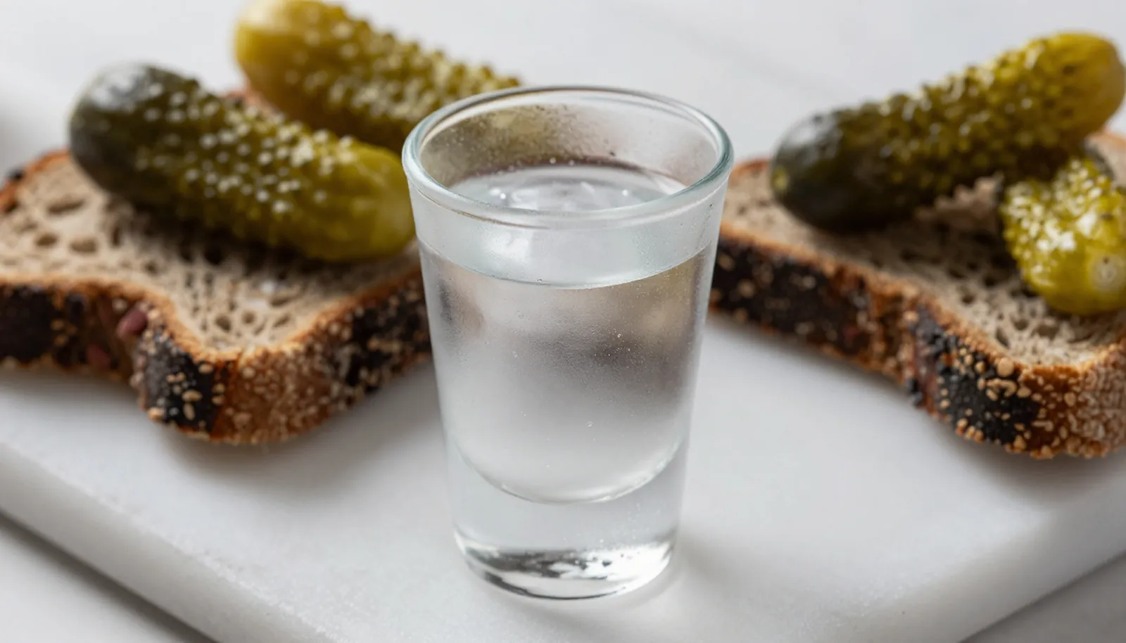 Ly vodka lạnh bên bánh mì đen và dưa chuột muối