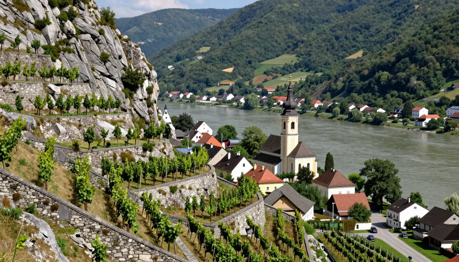 Ruộng nho bậc thang tường đá trên sườn dốc bên sông Danube