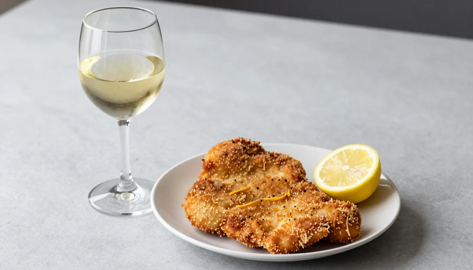 Ly vang trắng bên món schnitzel