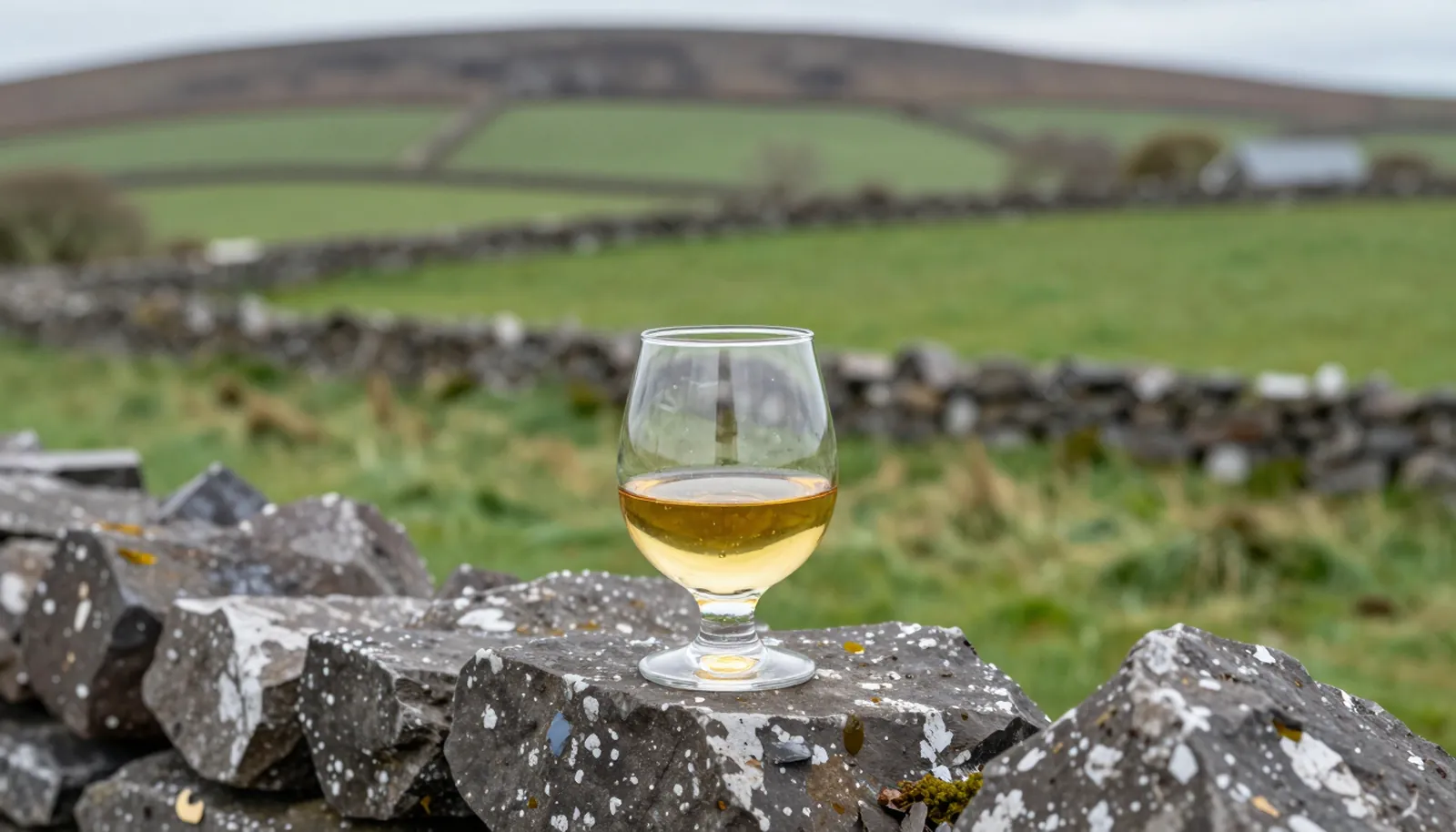 Ly whiskey Ireland vàng óng trên bờ tường đá giữa đồng cỏ xanh