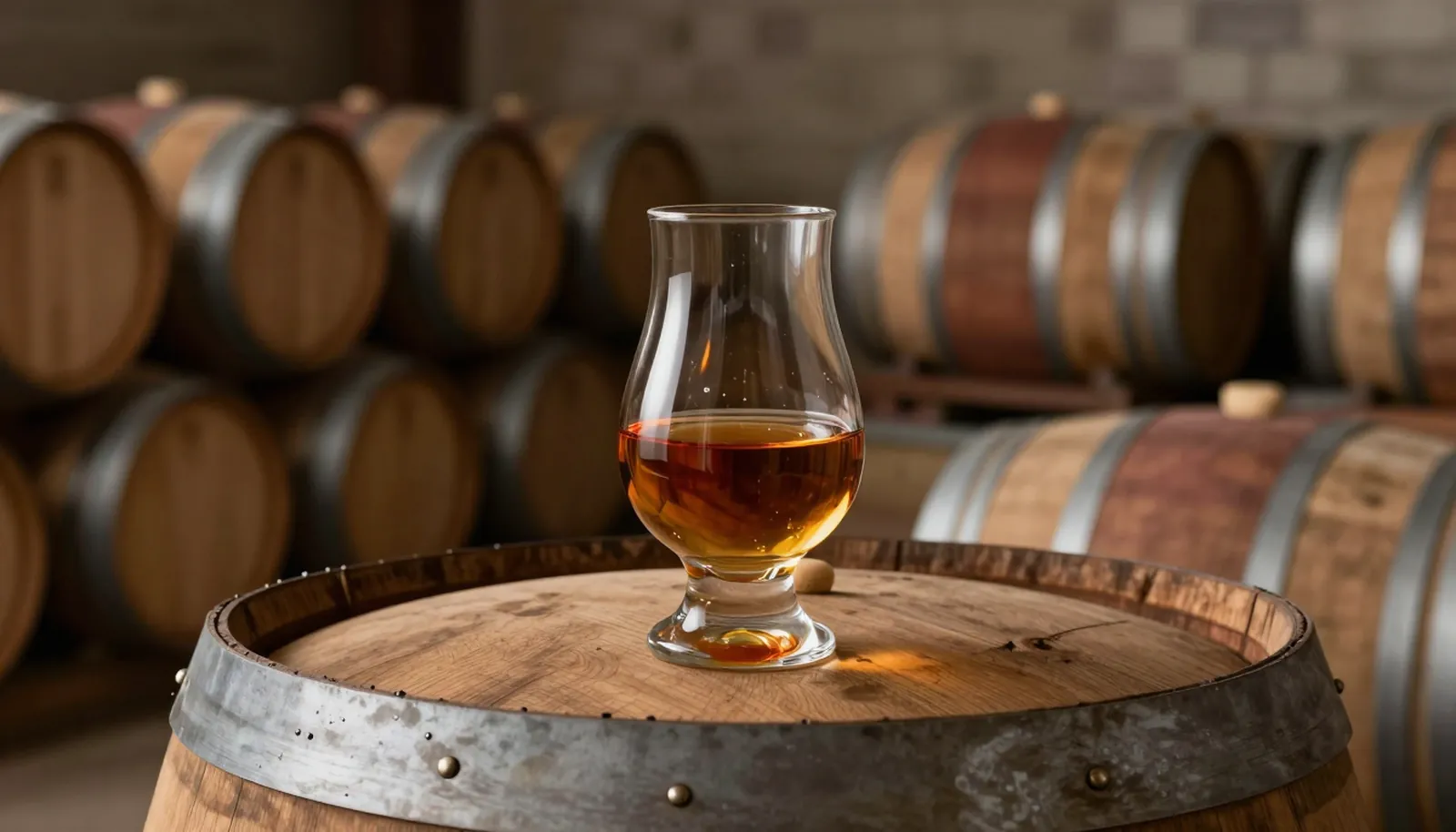Ly whisky màu hổ phách đặt trên nắp thùng gỗ sồi trong kho ủ